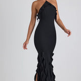 EXHIRE Oh Polly Mireya Ruffle-Trim Halterneck Gown in Black UK 12 – dresses by Oh Polly, available to rent from Hirestreet