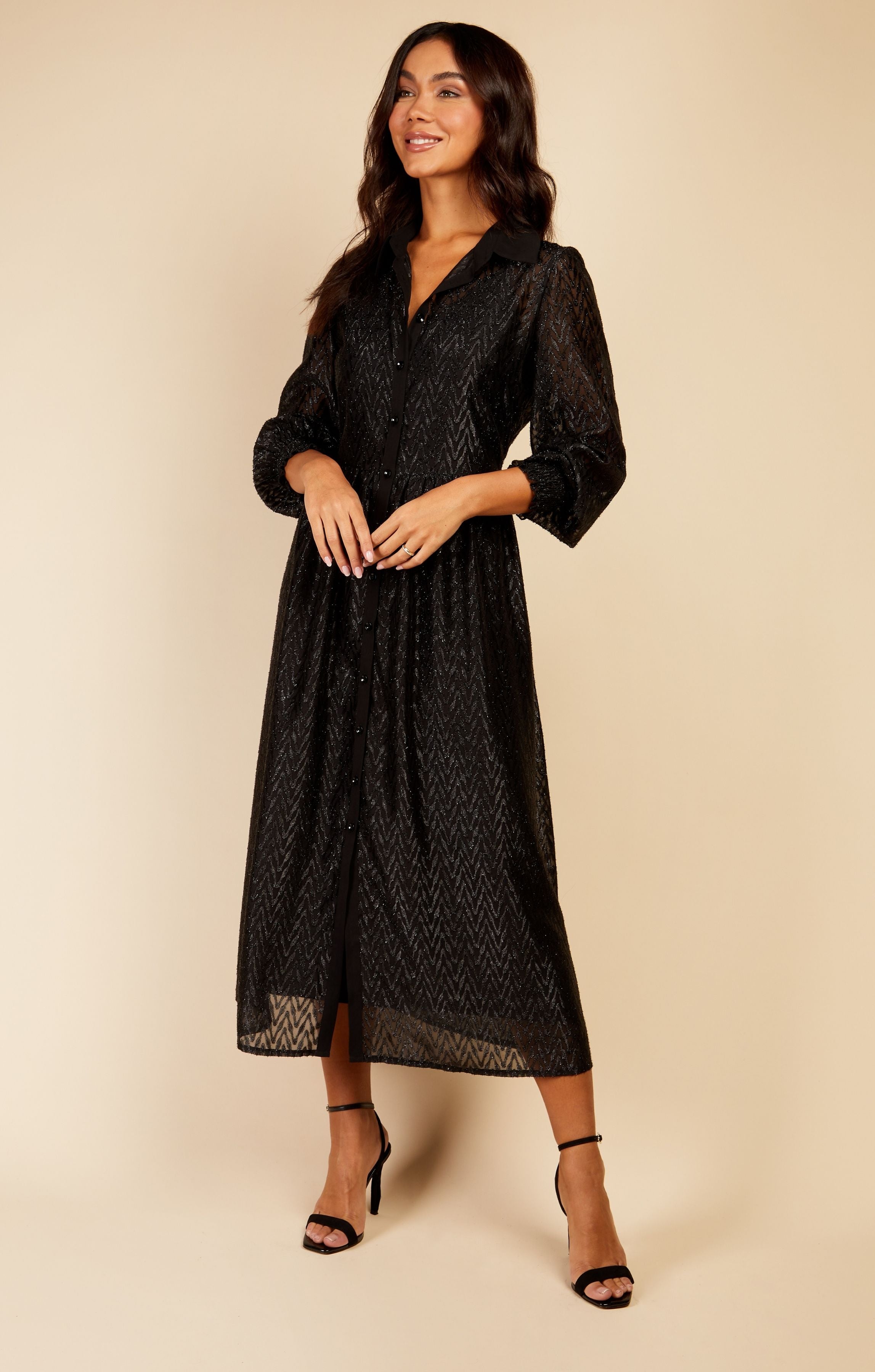 Little Mistress Black Metallic Chevron Midaxi Shirt Dress