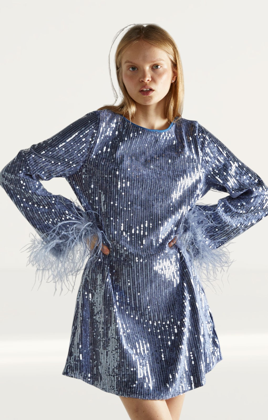 Glamorous Blue Sequin Feather Cuff Mini Dress