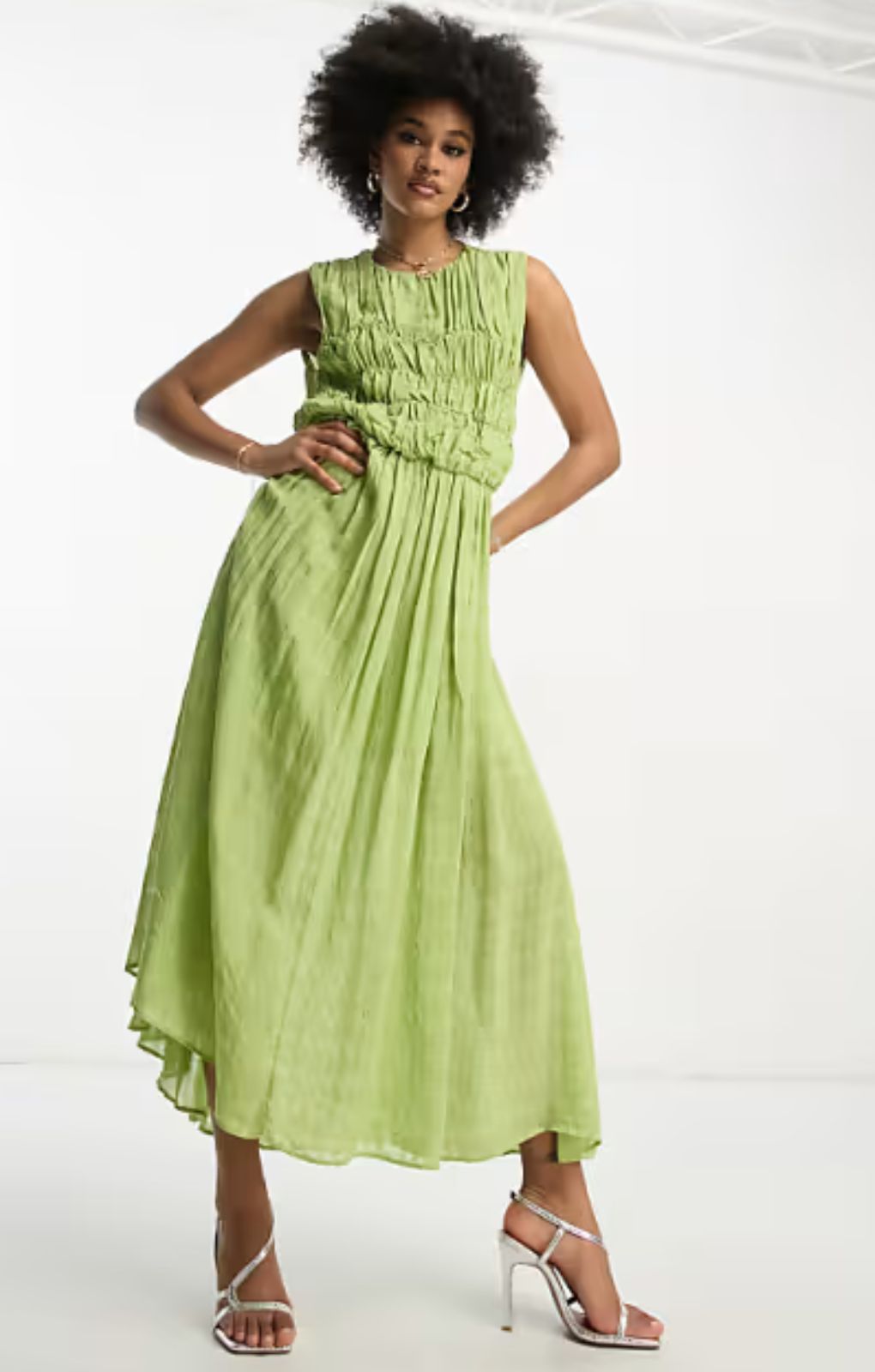 ASOS DESIGN Gathered Textured High Low Midi Dress In Pistachio