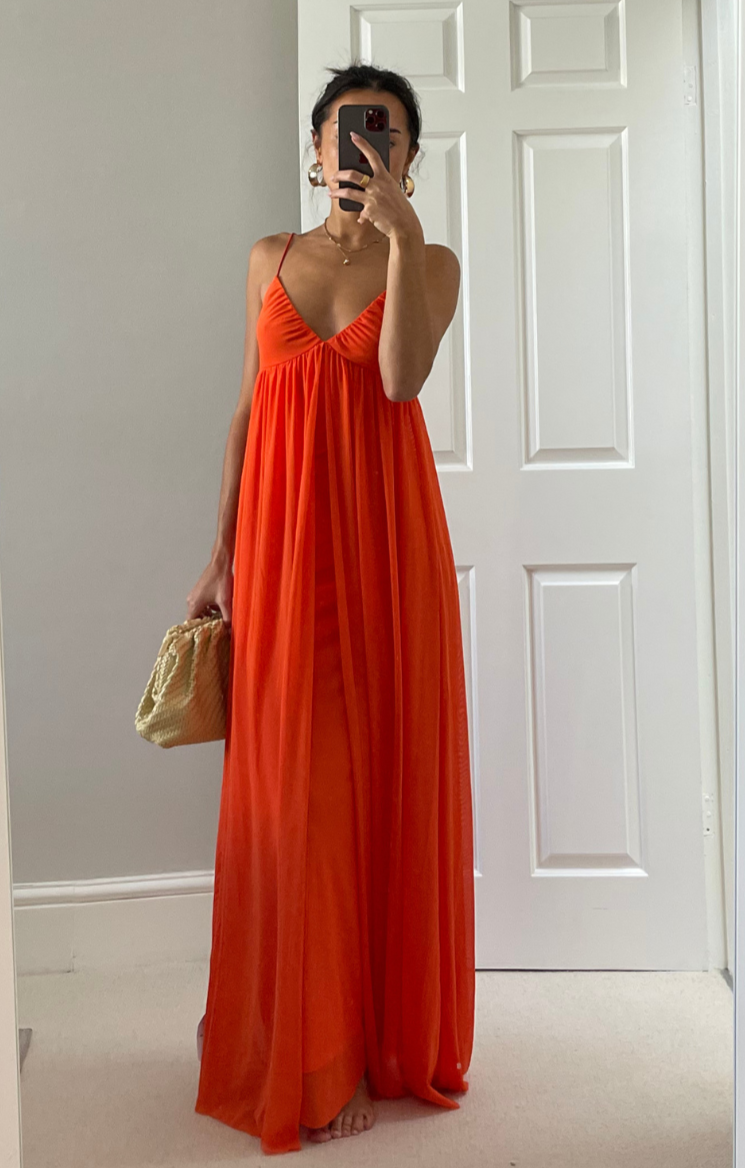 open lace back dress Rent Asos Cami Mesh Skater Maxi Dress In Orange