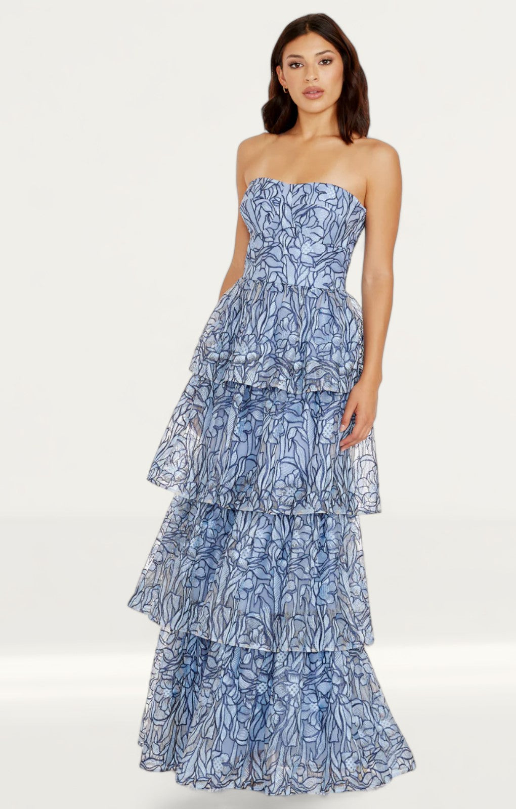 Dress The Population Aubriella Mineral Blue Tiered Maxi Dress