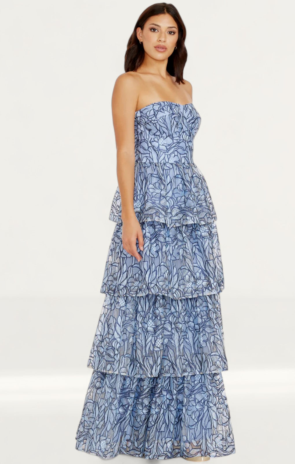 Dress The Population Aubriella Mineral Blue Tiered Maxi Dress