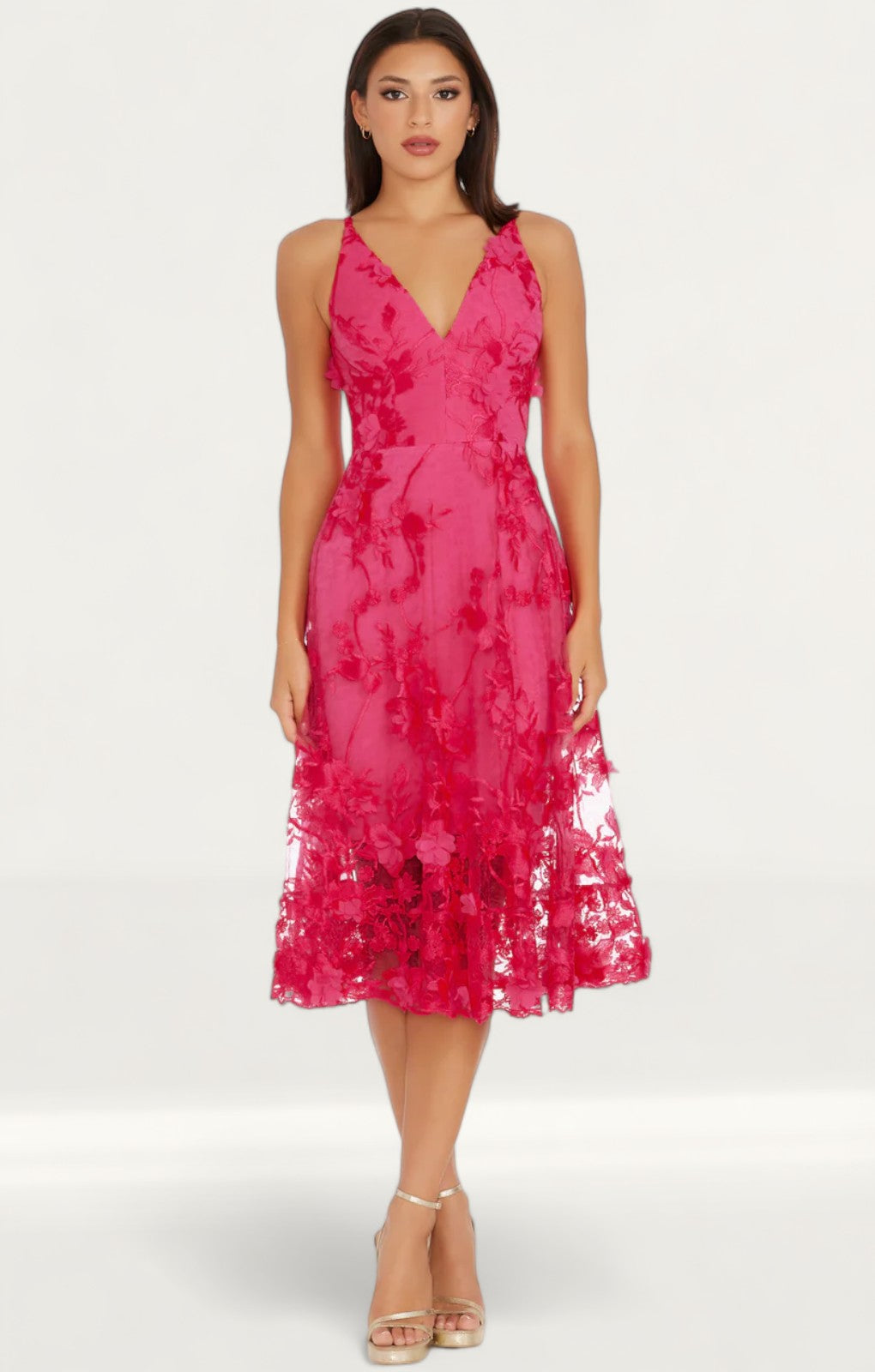 Dress The Population Audrey Floral Effect Begonia Midi Dress