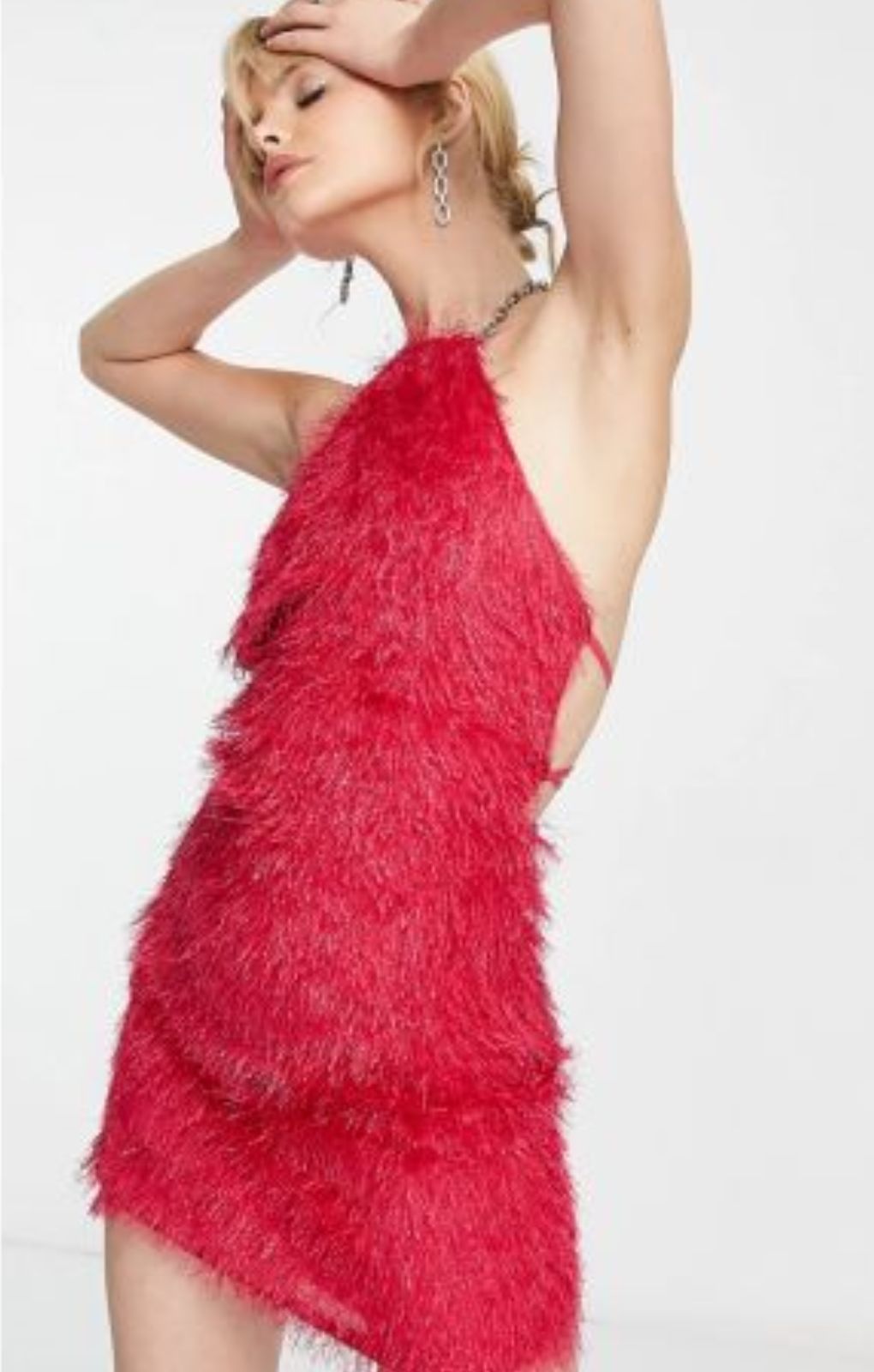 Amy Lynn Faux Feather Halter Neck Mini Dress In Fuschia Pink – dresses by Amy Lynn, available to rent from Hirestreet