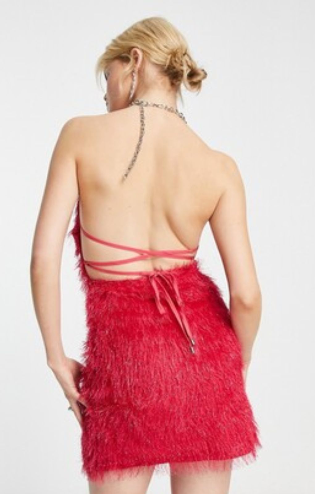 Amy Lynn Faux Feather Halter Neck Mini Dress In Fuschia Pink – dresses by Amy Lynn, available to rent from Hirestreet