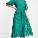 ASOS DESIGN High Neck Pleated Chevron Dobby Midi Dress With Puff Sleeve In Forest Green