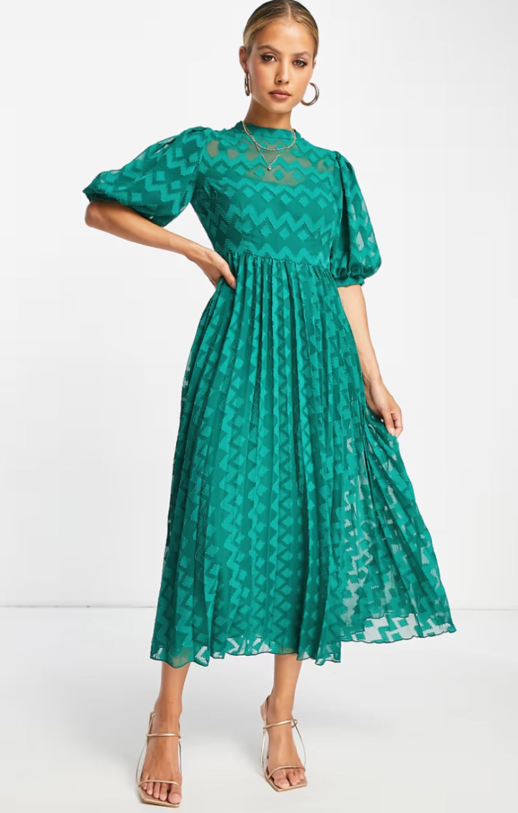 ASOS DESIGN High Neck Pleated Chevron Dobby Midi Dress With Puff Sleeve In Forest Green