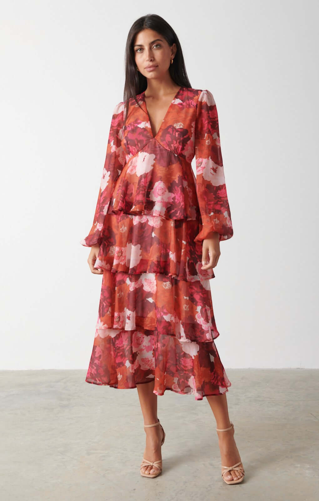 Pretty Lavish Ashton Ruffle Orange and Wine Floral Midi Dress