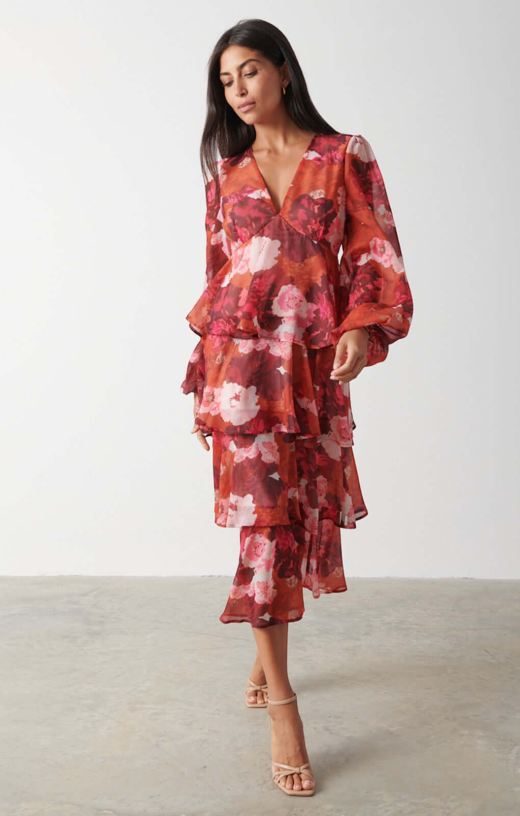 Pretty Lavish Ashton Ruffle Orange and Wine Floral Midi Dress
