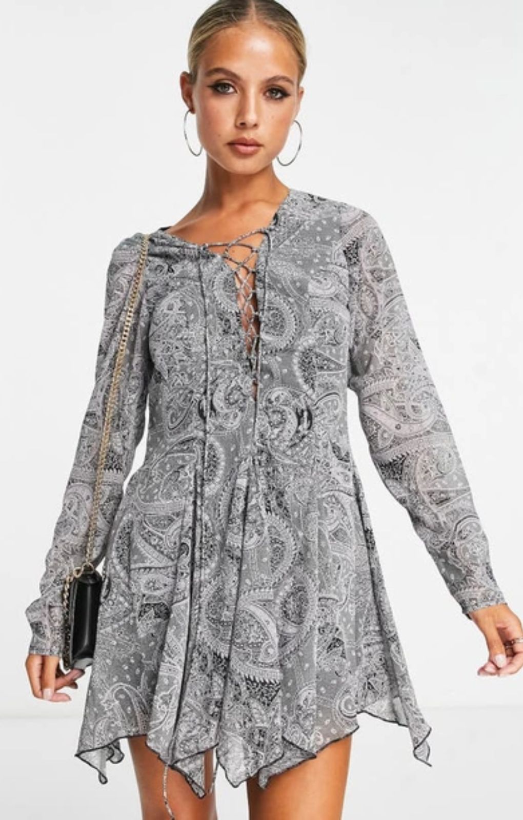 Asos Design Lace Up Front Mini Dress In Paisley Print – dresses by ASOS DESIGN, available to rent from Hirestreet