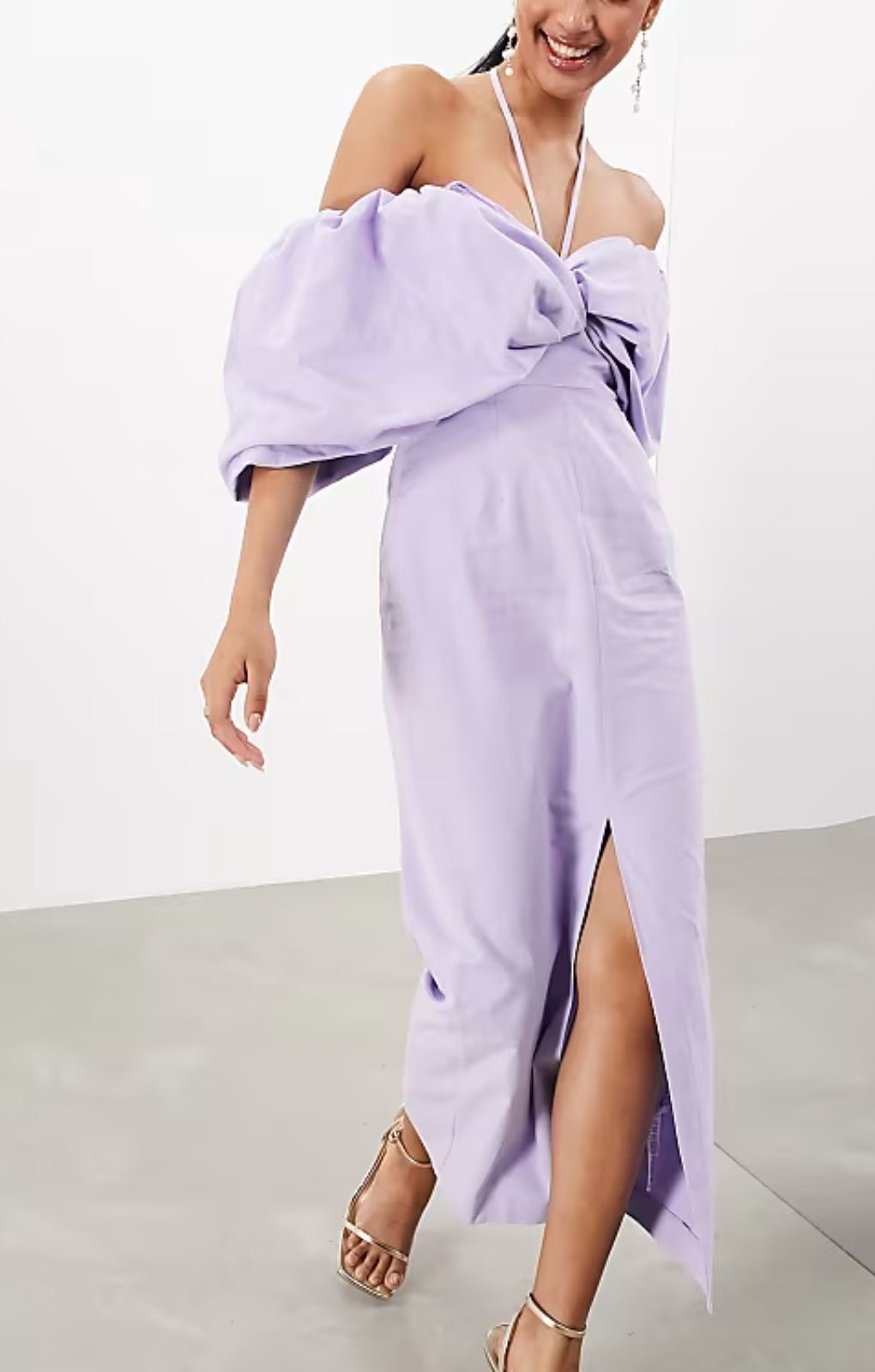 Asos Edition Bardot Bow Tie Neck Detail Midi Dress In Lilac – dresses by ASOS EDITION, available to rent from Hirestreet