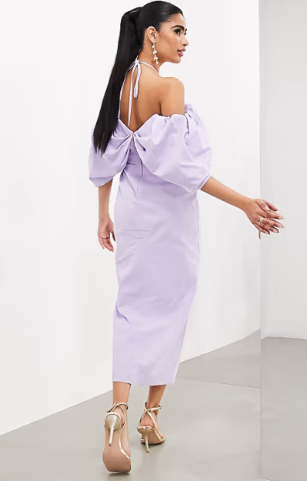 Asos Edition Bardot Bow Tie Neck Detail Midi Dress In Lilac – dresses by ASOS EDITION, available to rent from Hirestreet