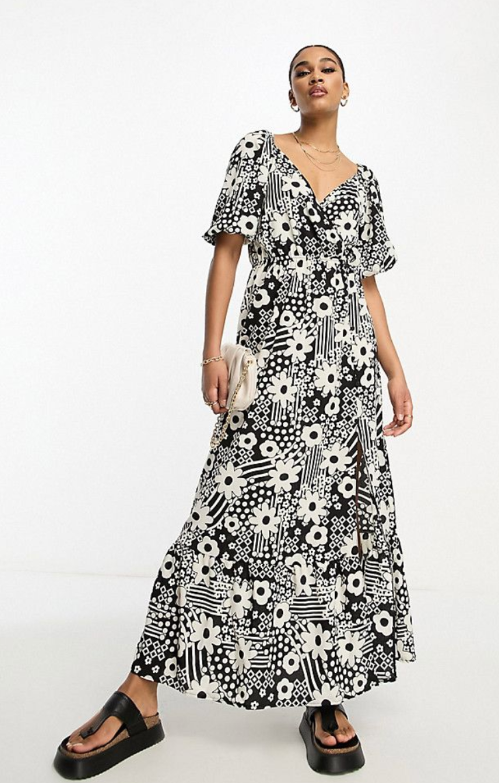 Asos Design Tall Wrap Bodice Button Through Skirt With Pep Hem Midi Dress In Mono Floral – dresses by ASOS Tall, available to rent from Hirestreet