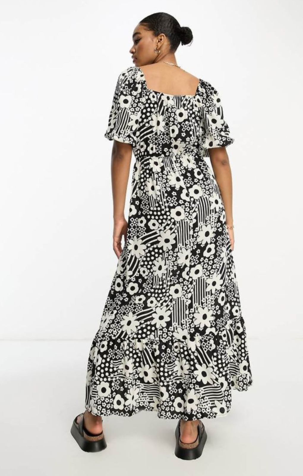 Asos Design Tall Wrap Bodice Button Through Skirt With Pep Hem Midi Dress In Mono Floral – dresses by ASOS Tall, available to rent from Hirestreet