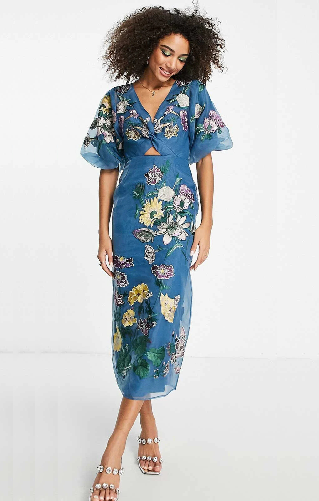 Asos Edition Floral Embroidered Organza Midi Dress In Steel Blue – dresses by ASOS, available to rent from Hirestreet
