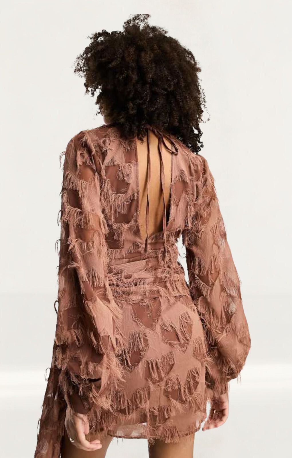 ASOS DESIGN Fluffy V Neck Mini Dress With Tie Waist And Tie Back Detail In Brown