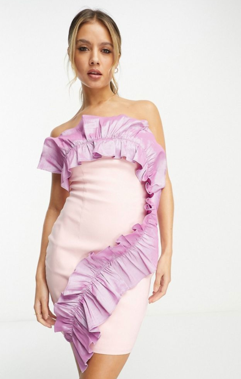 Band Of Stars Premium Contrast Exaggerated Ruffle Trim Mini Dress In Pink – dresses by Band of Stars, available to rent from Hirestreet
