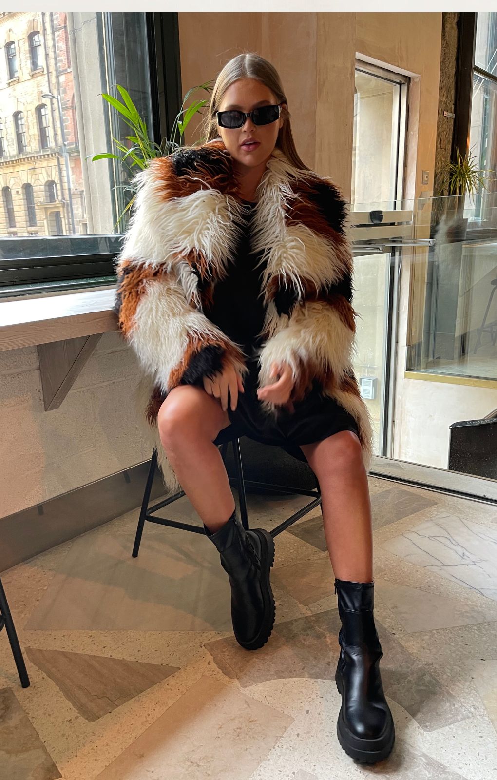 Glamorous Curve Cream & Brown Faux Fur Coat