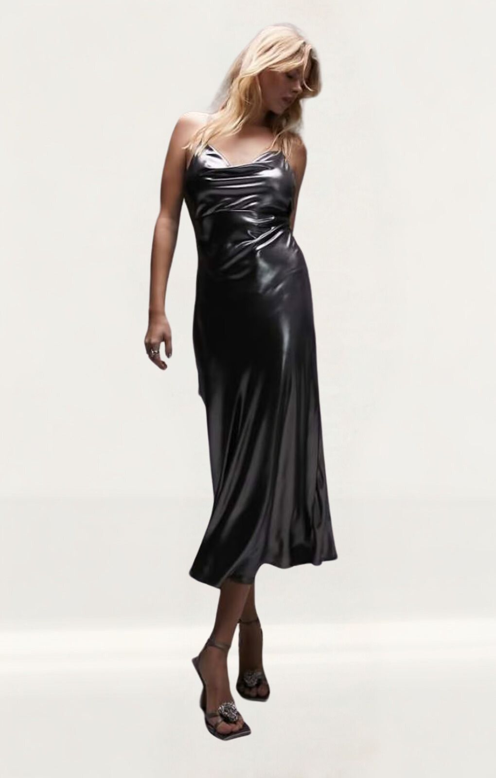 Topshop Cami Slip Midi Dress In Metallic Silver