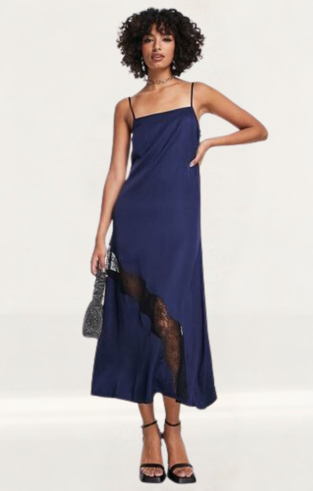 Edited Soft Satin Midi Dress With Lace Insert In Navy