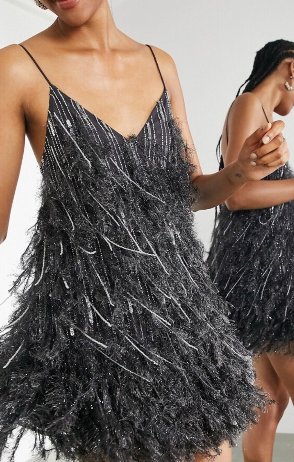 ASOS EDITION Faux Feather & Sequin Mini Dress With Low Back In Charcoal