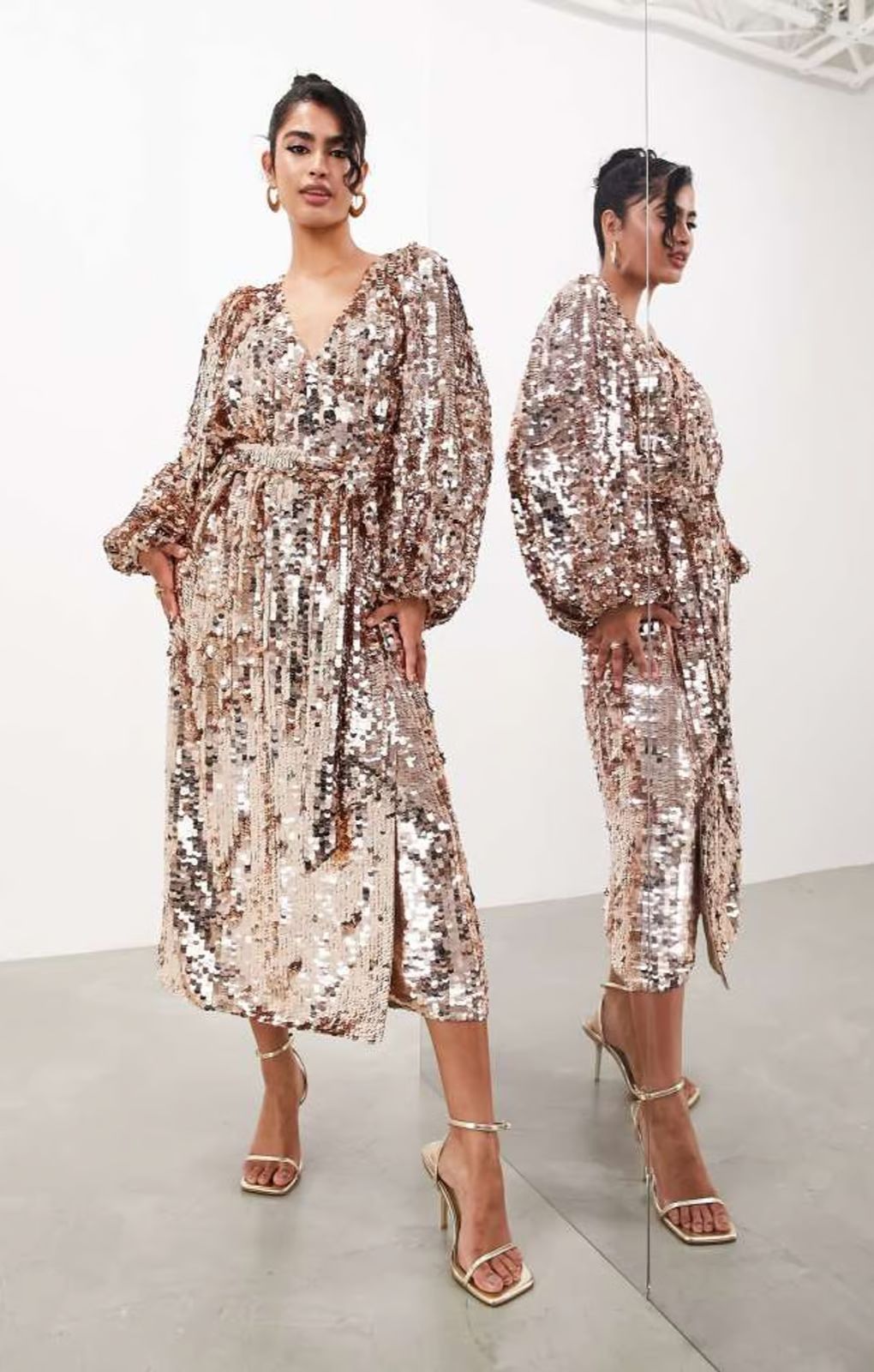 ASOS EDITION Batwing Sleeve Sequin Wrap Midi Dress In Gold
