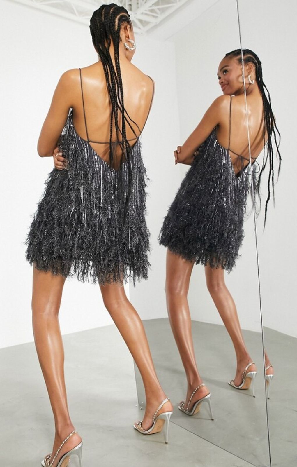 ASOS EDITION Faux Feather & Sequin Mini Dress With Low Back In Charcoal
