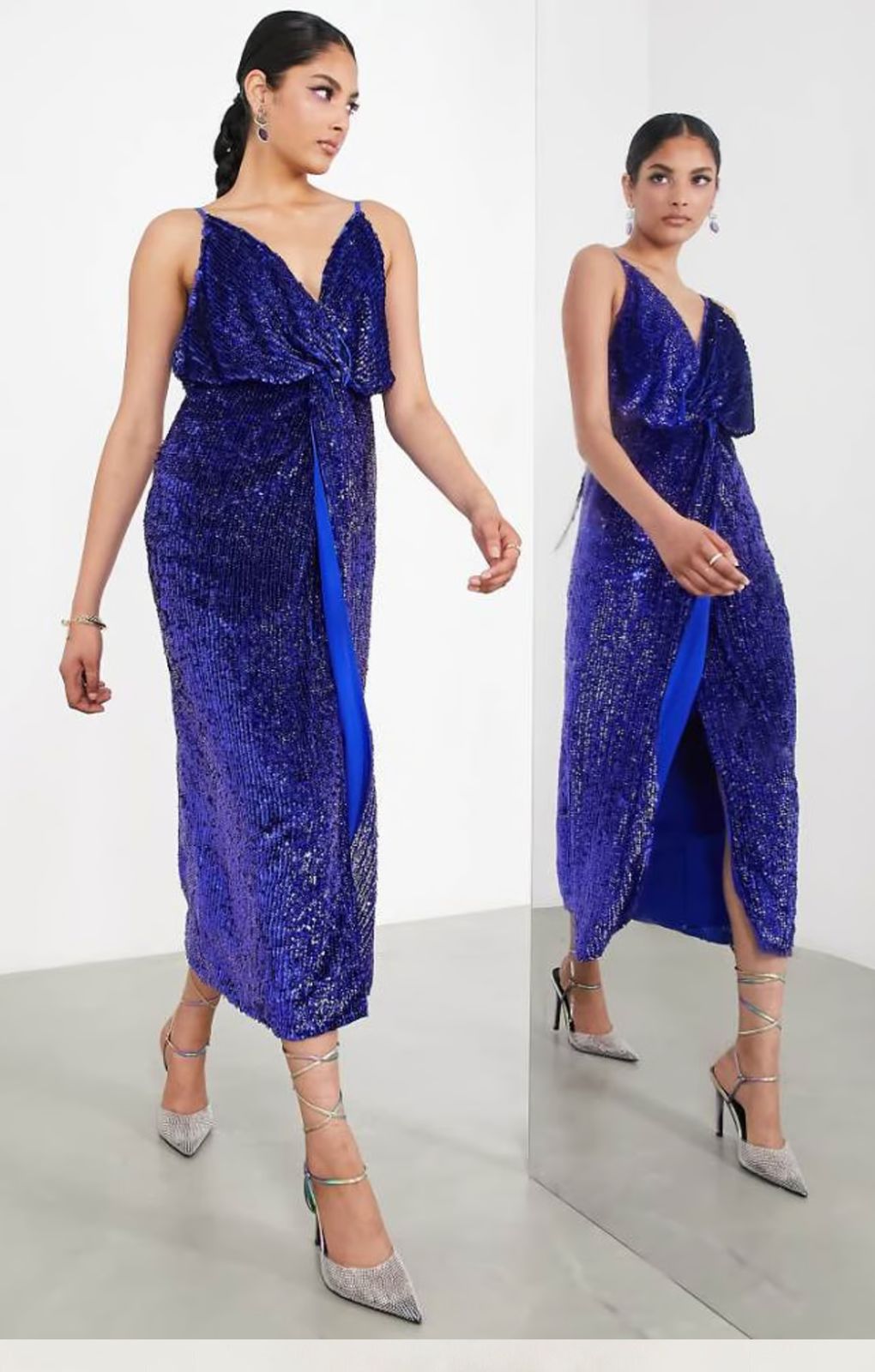 Rent ASOS EDITION Sequin Twist Front Cami Midi Dress In Purple | Hirestreet Rent ASOS EDITION Sequin Twist Front Cami Midi Dress In Purple | Hirestreet