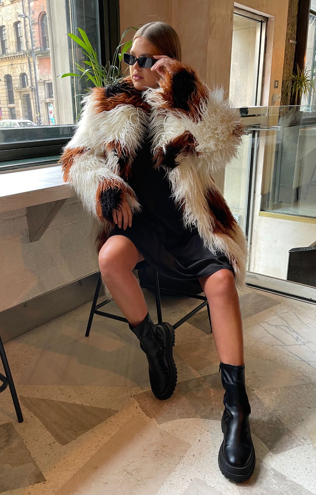 Glamorous Curve Cream & Brown Faux Fur Coat