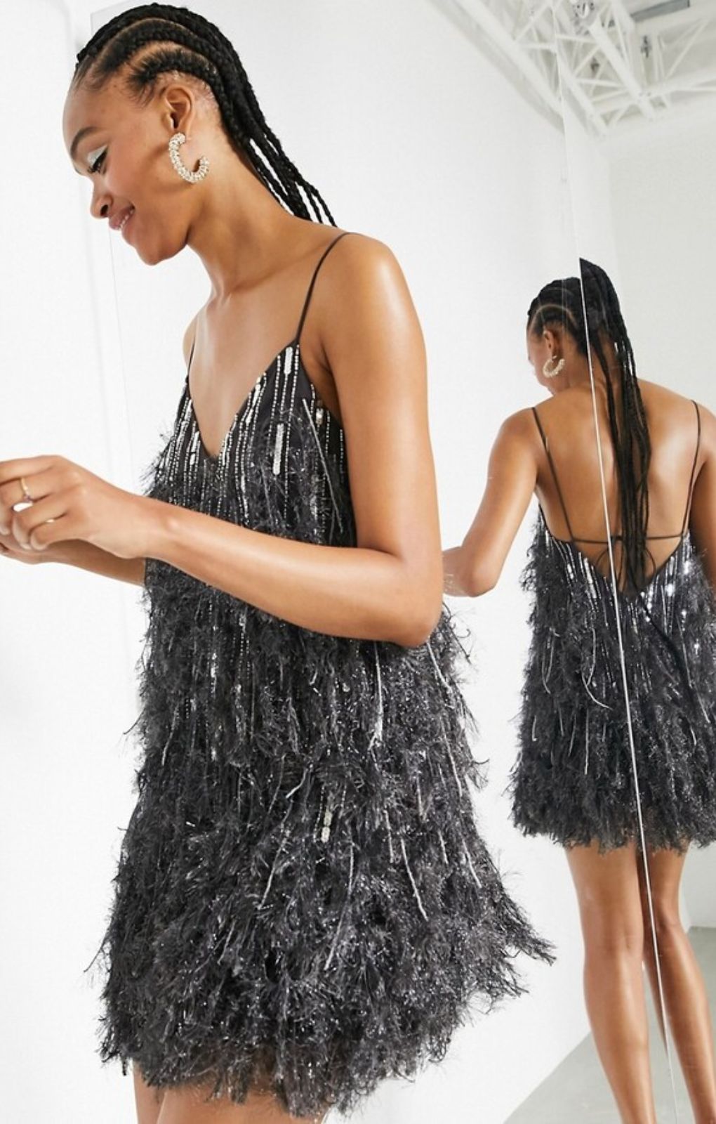 ASOS EDITION Faux Feather & Sequin Mini Dress With Low Back In Charcoal ASOS EDITION Faux Feather & Sequin Mini Dress With Low Back In Charcoal