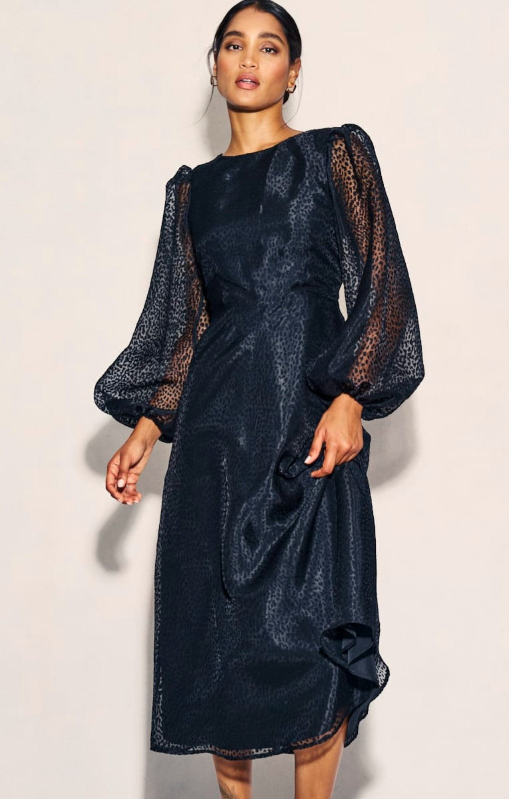 Nobody's Child Black Organza Balloon Sleeve Zora Midi Dress