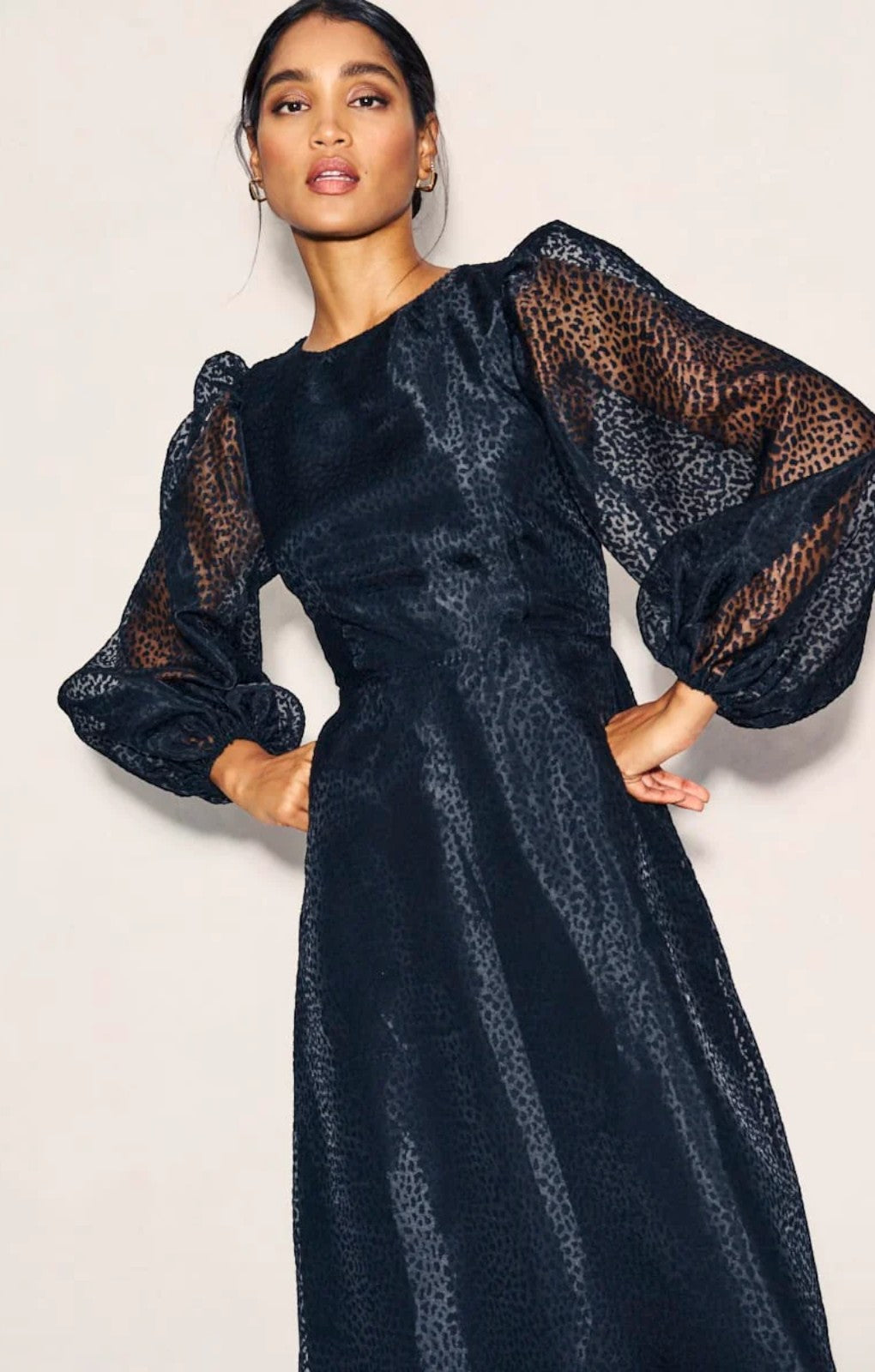 Nobody's Child Black Organza Balloon Sleeve Zora Midi Dress