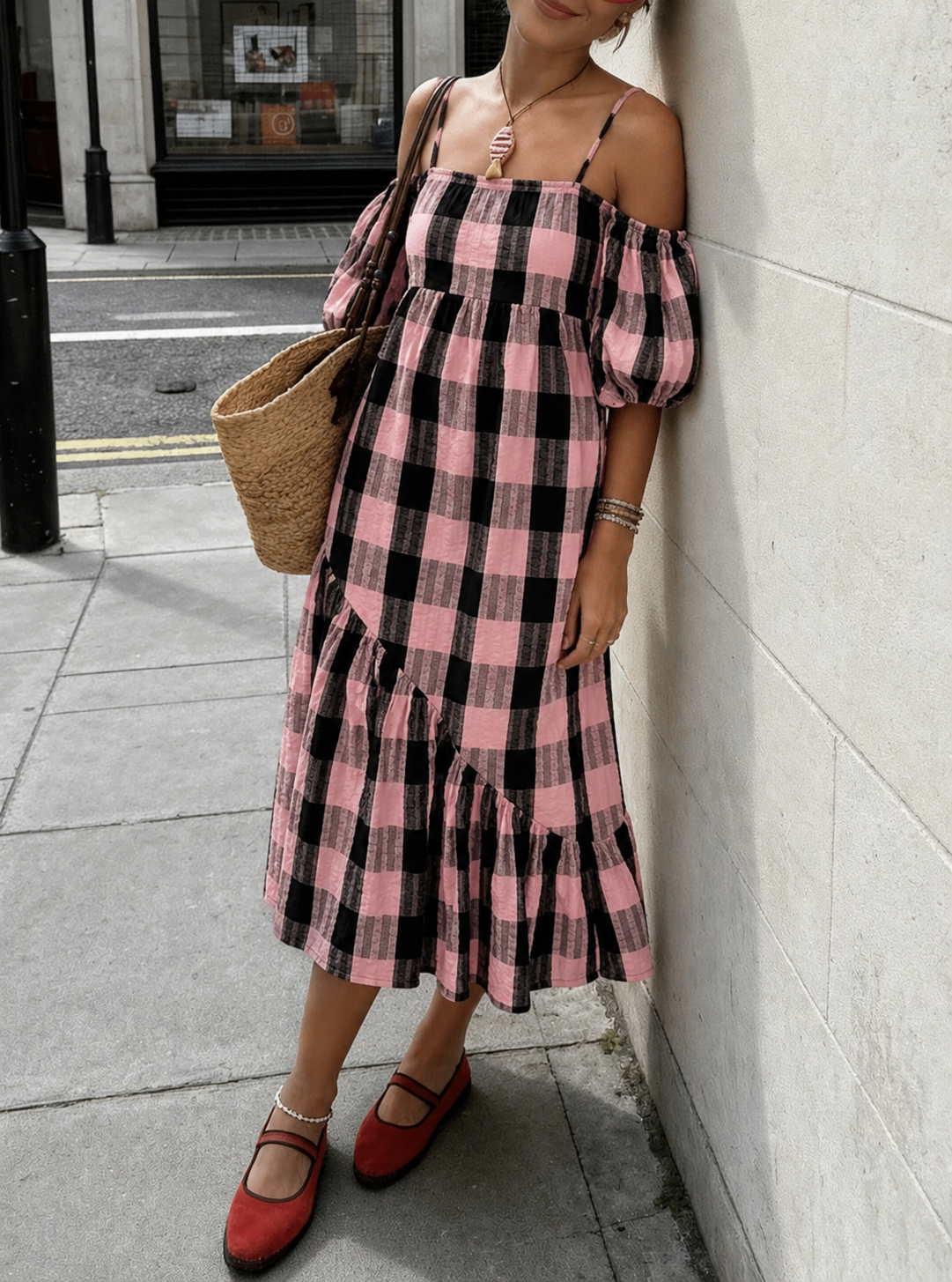 Rent Collusion Off The Shoulder Midi Dress In Pink Check | Hirestreet