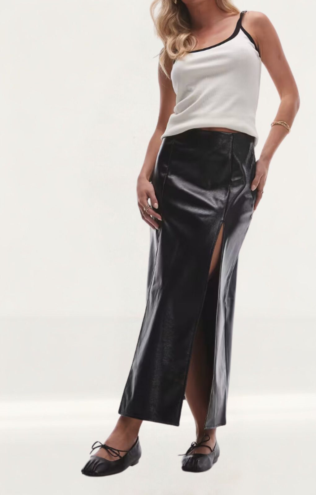 Topshop Vinyl Double Split Midi Skirt In Black