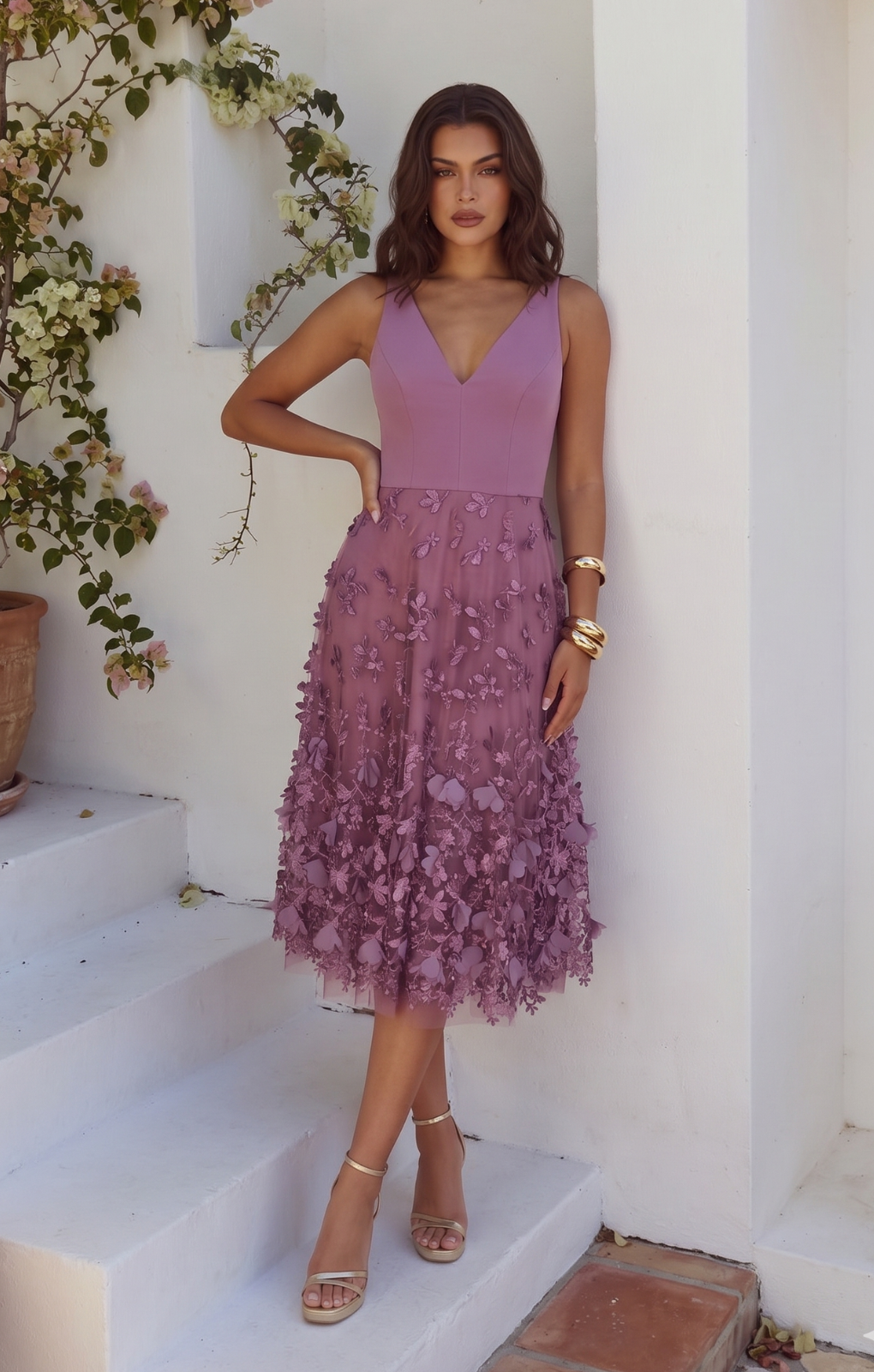 dress the population plunging darleen neck fit & flare dress Purple Orchid Plunge Midi length skirt with floral Size in Regular Clothes:18 Dresses – Brandy Melville launch072326