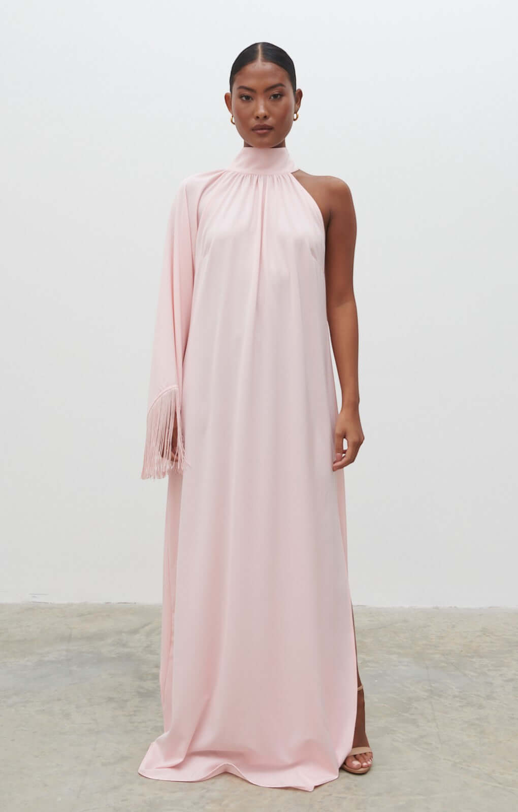 Rent Pretty Lavish Cora One Shoulder Blush Pink Fringed Maxi Dress | Hirestreet Rent Pretty Lavish Cora One Shoulder Blush Pink Fringed Maxi Dress | Hirestreet
