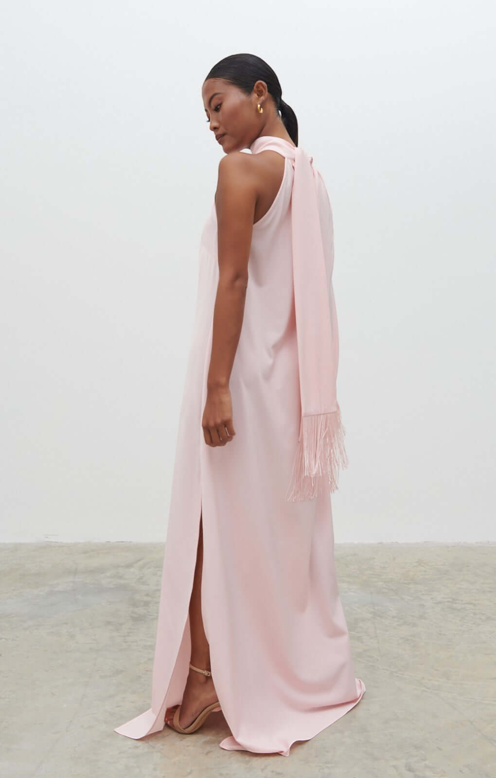 Pretty Lavish Cora One Shoulder Blush Pink Fringed Maxi Dress