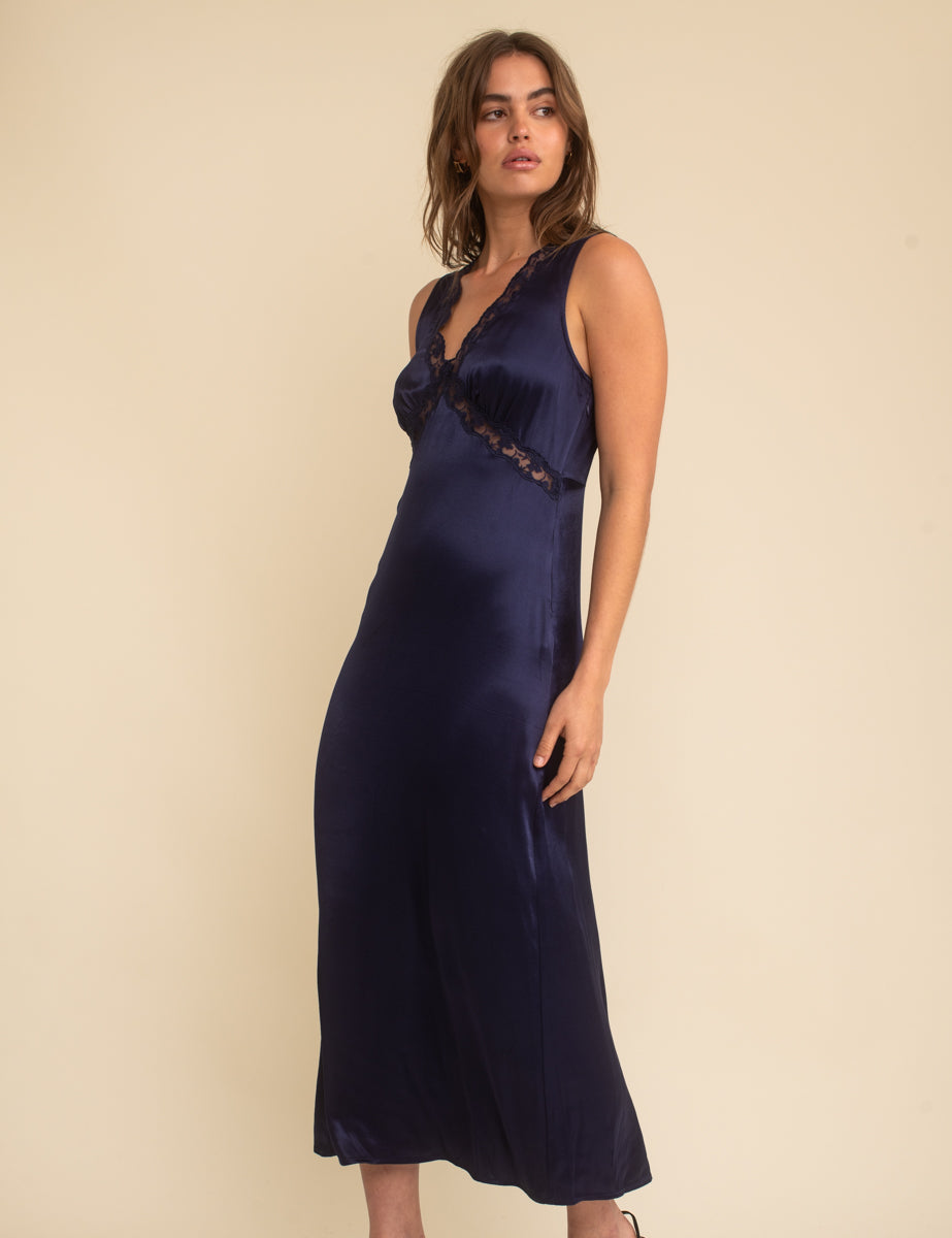 Nobody's Child Navy Sleeveless Satin Lace Trim Nessy Midaxi Dress
