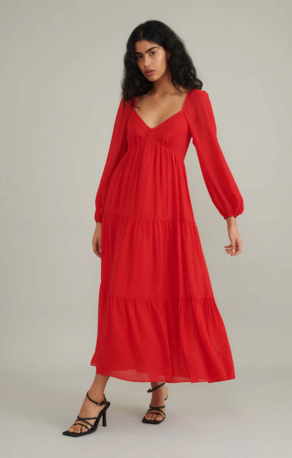 Nobody's Child Red Balloon Sleeve Tiered Char Midi Dress