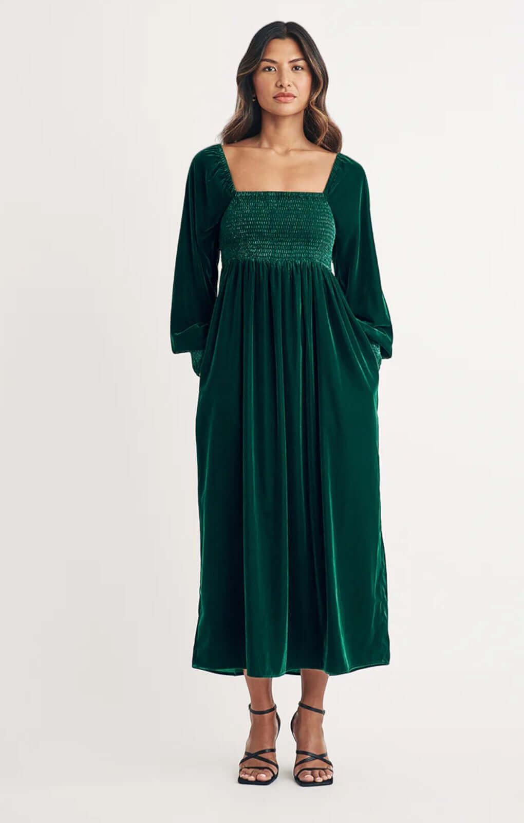 Nobody's Child Green Velvet Shirred Kylie Midi Dress