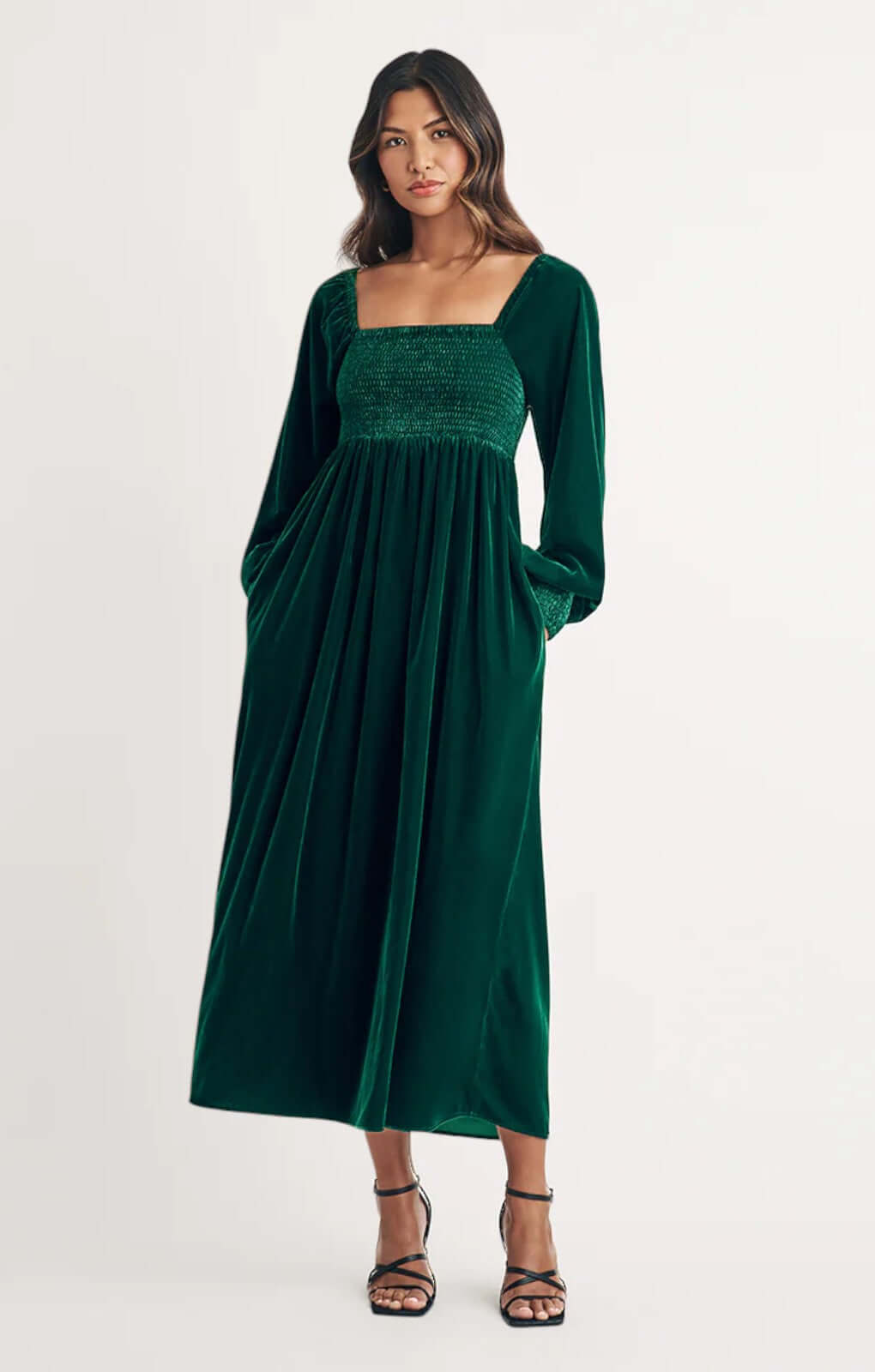 Nobody's Child Green Velvet Shirred Kylie Midi Dress