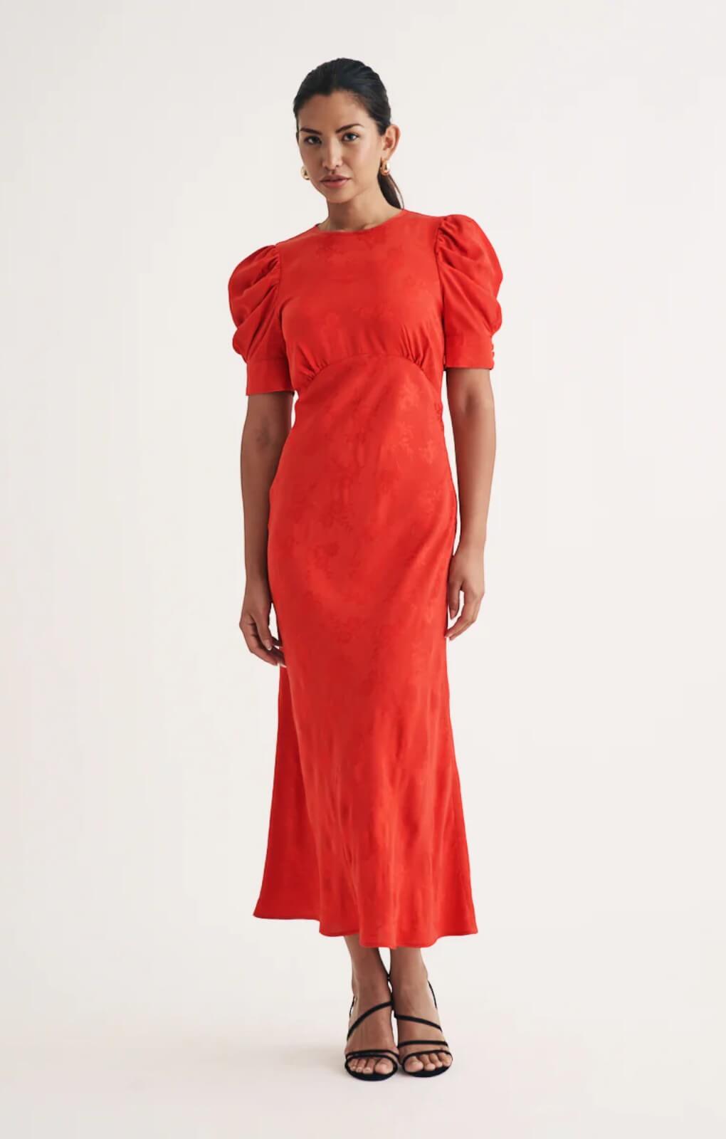 Rent Nobody's Child Red Floral Jacquard Ruched Sleeve Moira Midi Dress | Hirestreet Rent Nobody's Child Red Floral Jacquard Ruched Sleeve Moira Midi Dress | Hirestreet