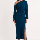 Nobody's Child Blue Asymmetric Gathered Katty Midi Dress