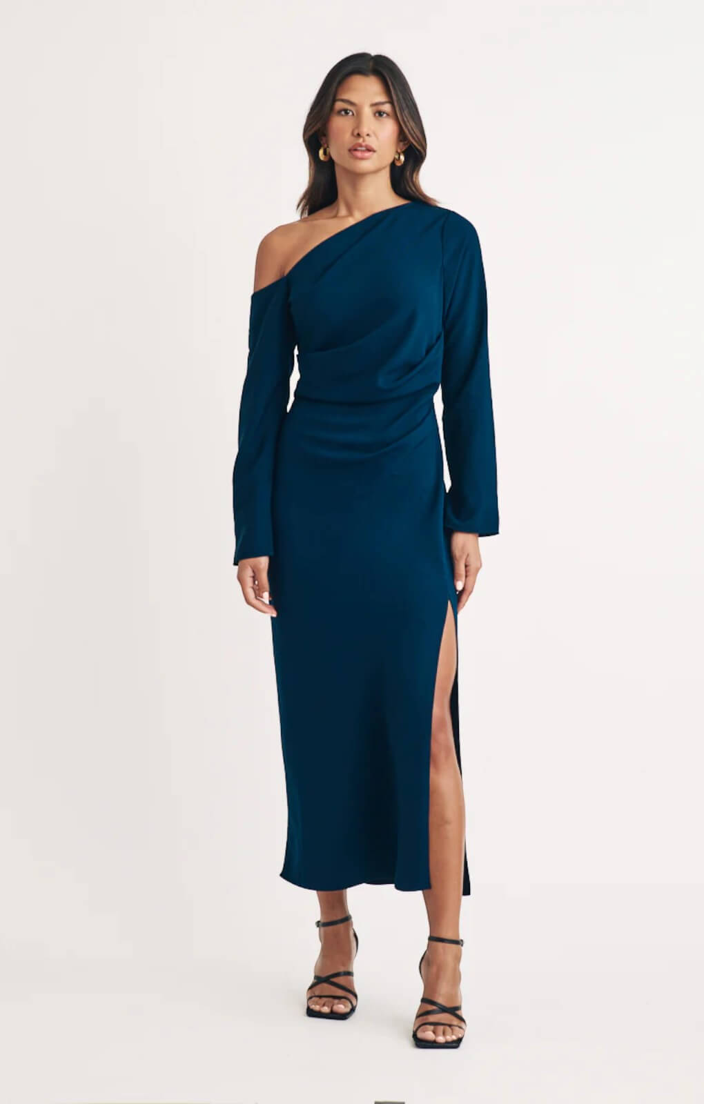 Nobody's Child Blue Asymmetric Gathered Katty Midi Dress