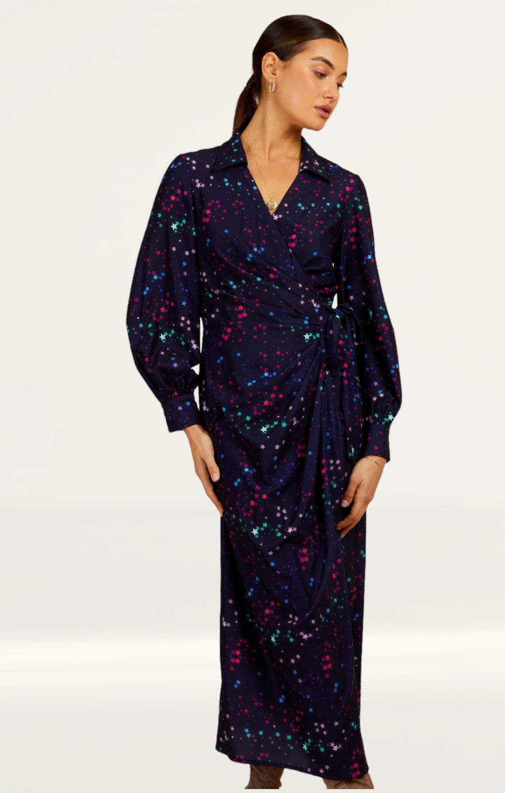 Little Mistress Navy Star Print Midaxi Mock Wrap Dress By Vogue Williams