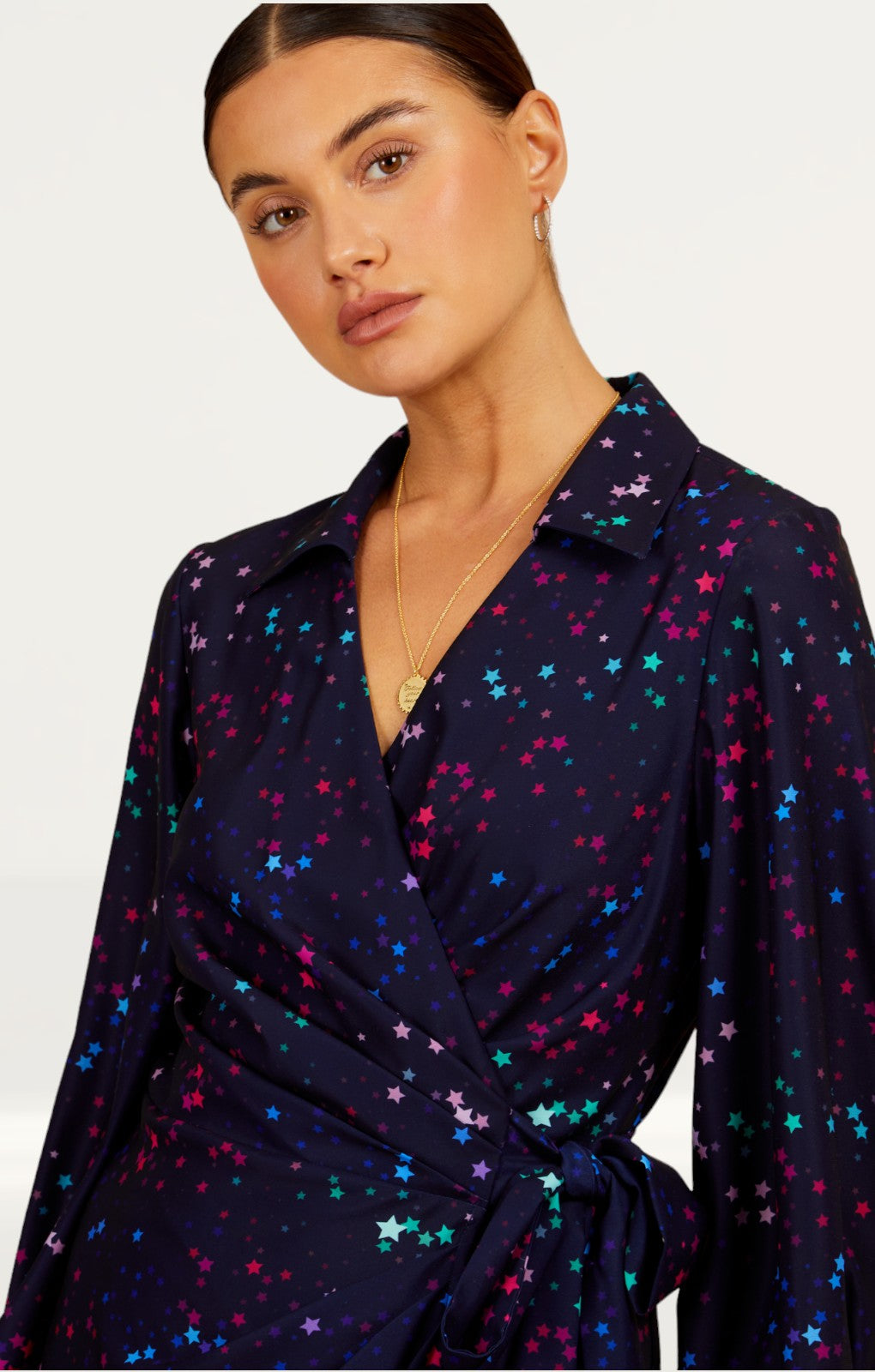 Little Mistress Navy Star Print Midaxi Mock Wrap Dress By Vogue Williams