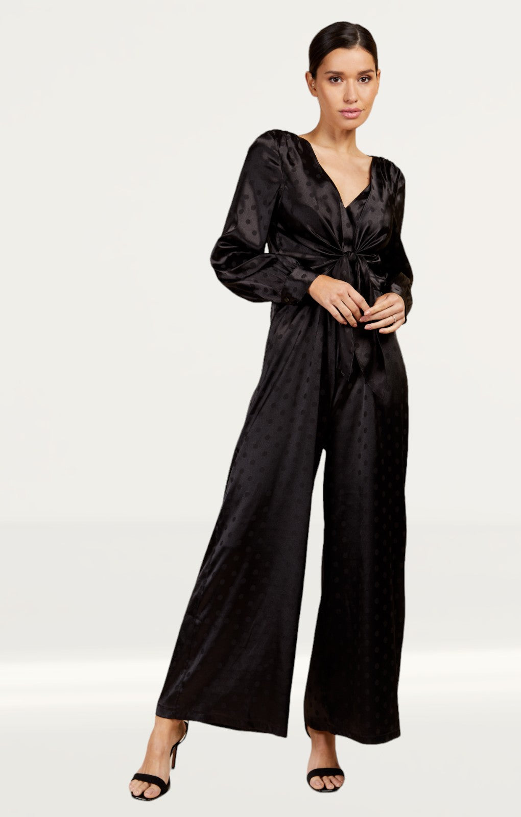Little Mistress Black Satin Spot Jumpsuit