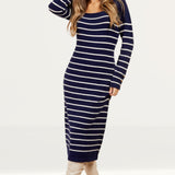 Little Mistress Navy Stripe Knit Midi Dress by Vogue Williams