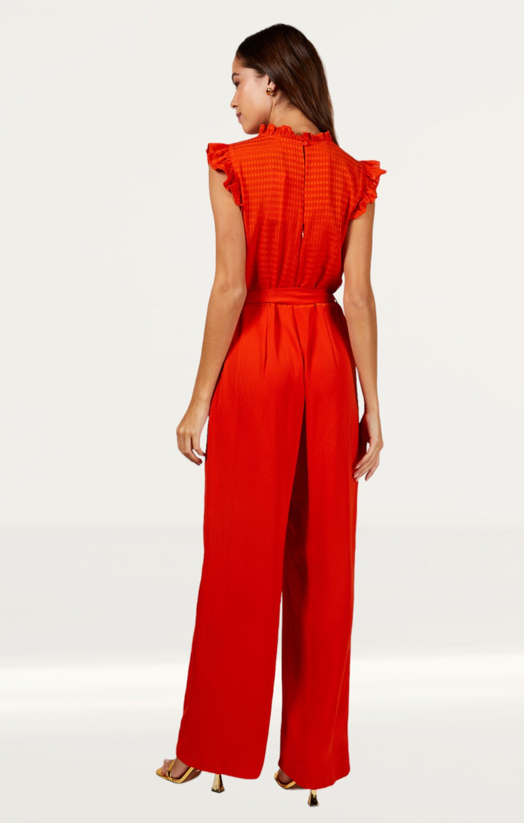 Little Mistress Orange Check Frill Detail Jumpsuit